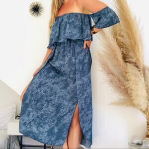 I LOVE JOAH Blue White Printed Off Shoulder Ruffle Tube Top Slit Maxi Dress M